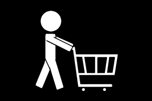 Pictogramkuva, hahmo työntää ostoskärryä.